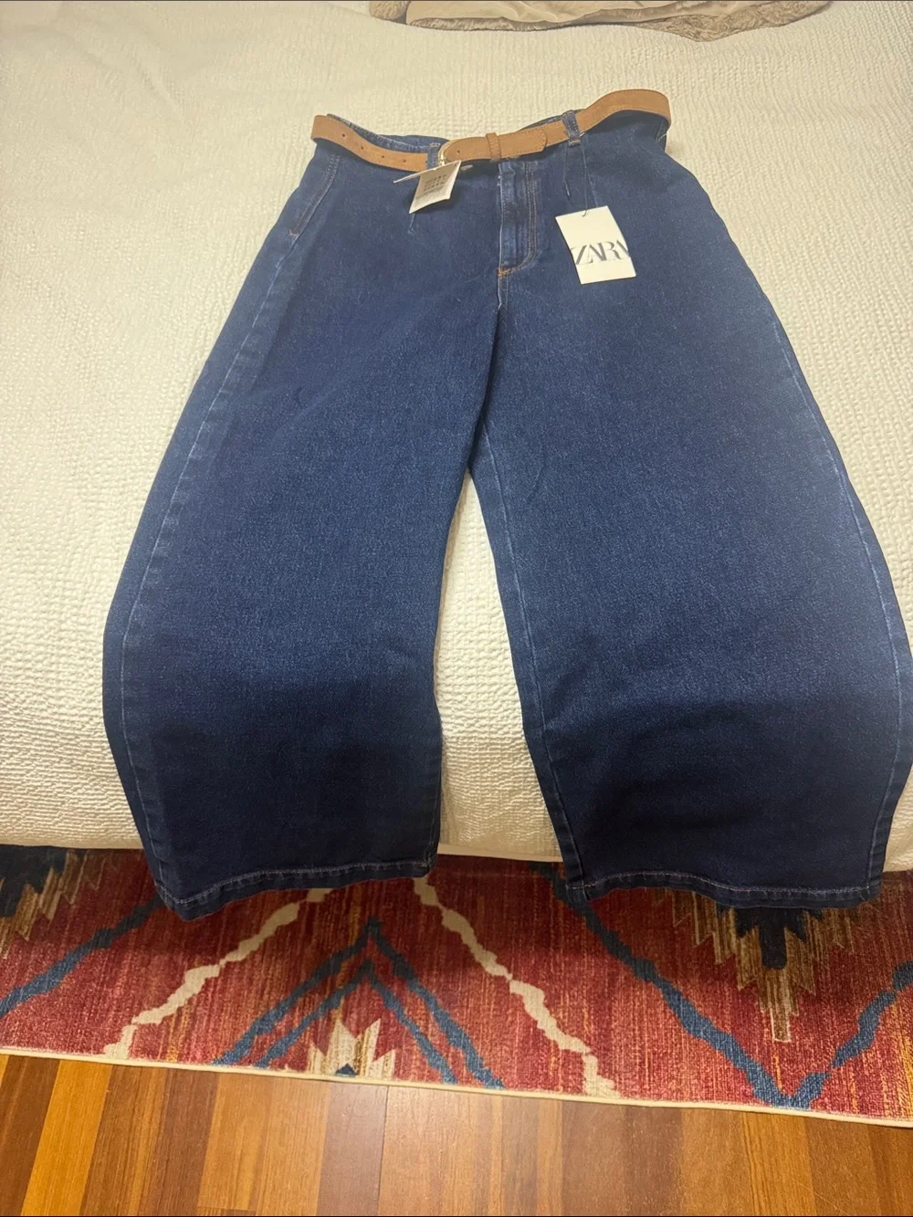 ZARA Dark Blue Wide-Leg Denim Jeans with Tan Belt